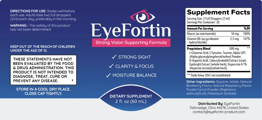 Official EyeFortin bottle label showing supplement facts.