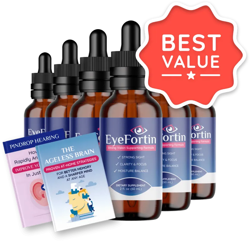 Six-bottle EyeFortin package with maximum discount and free bonuses.